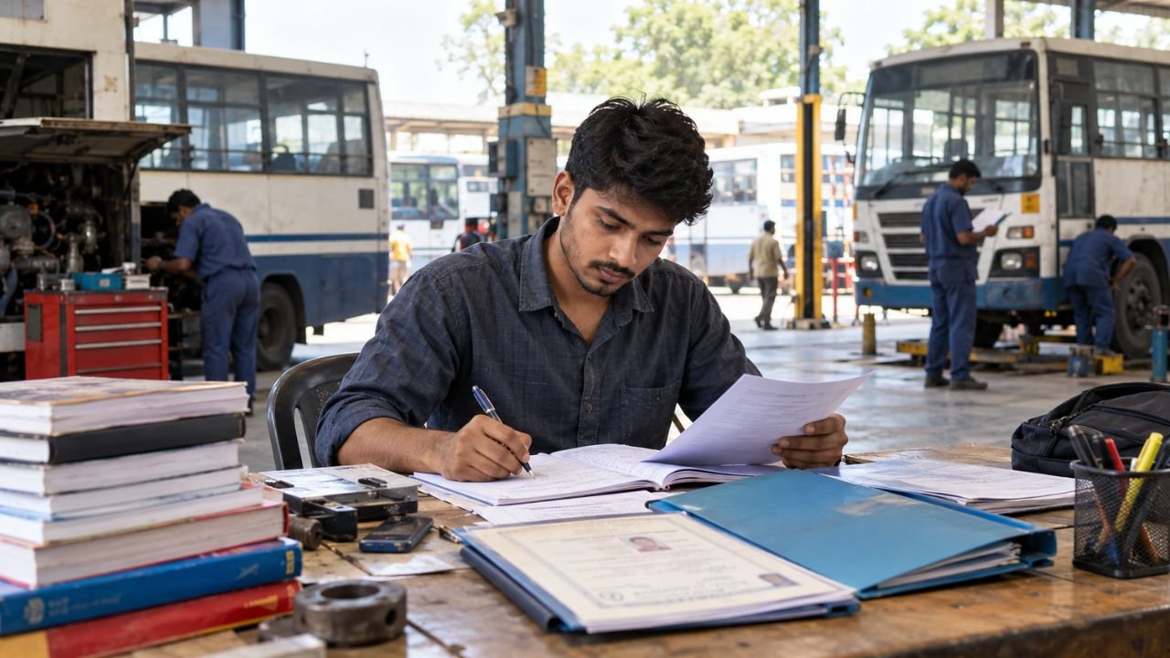 Young man studying documents at desk with GSRTC buses and mechanics in background