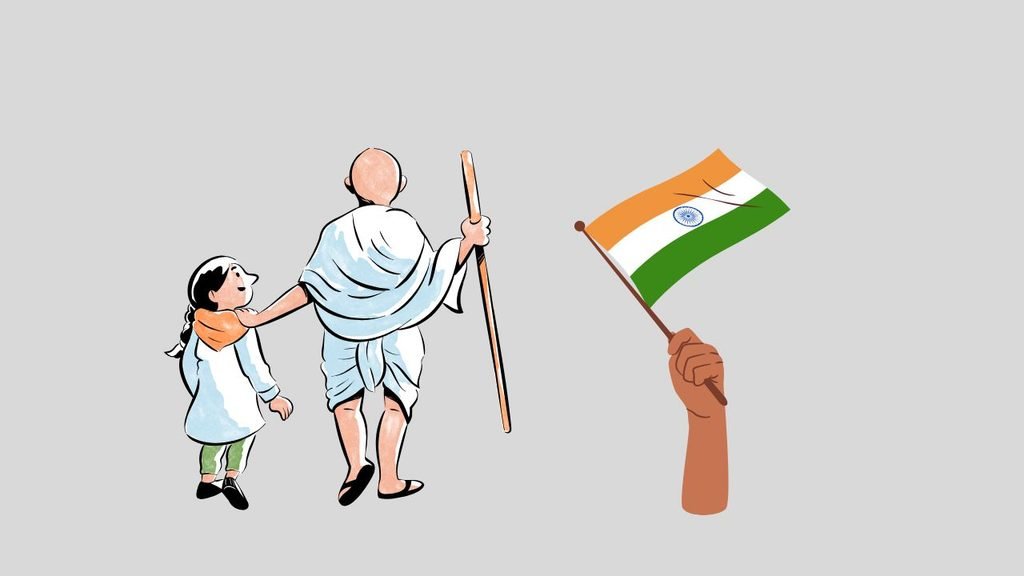 Mahatma Gandhi with a child, Indian flag waved on Gandhi Jayanti