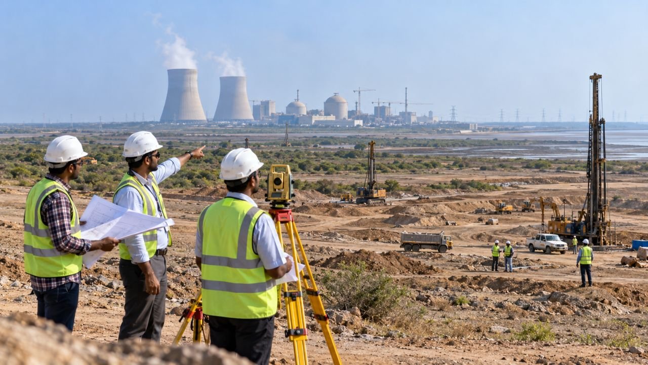 Engineers survey Dhuvaran nuclear power plant construction site in Gujarat.