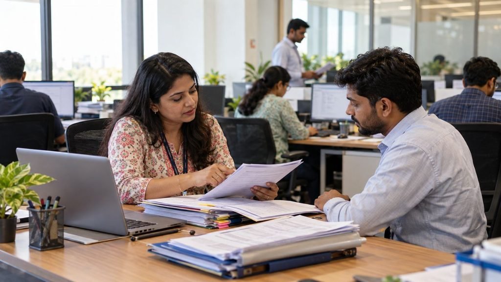 Two professionals reviewing documents in a modern office, Gujarat ESIC expansion context