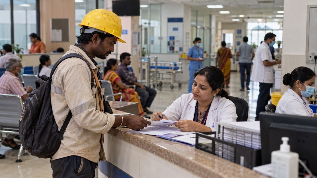 Man in hard hat at ESIC registration desk in Gujarat hospital