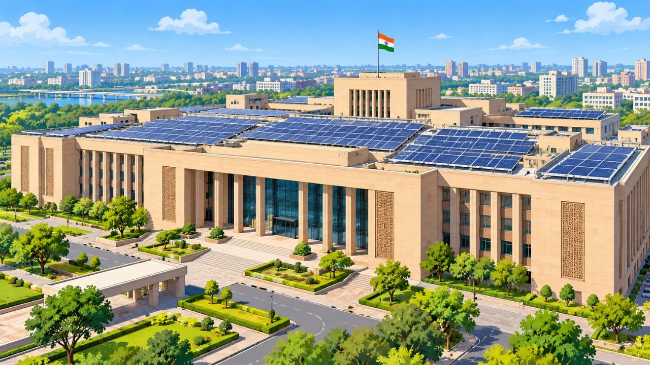 Government building with rooftop solar panels, Gujarat, India