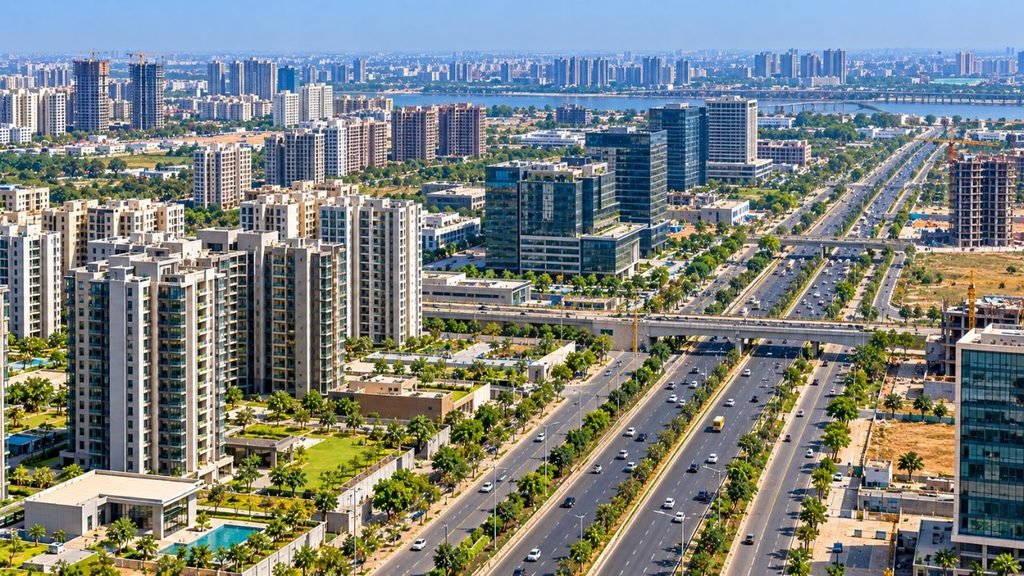 Modern cityscape in Gujarat with high-rise buildings and busy highway