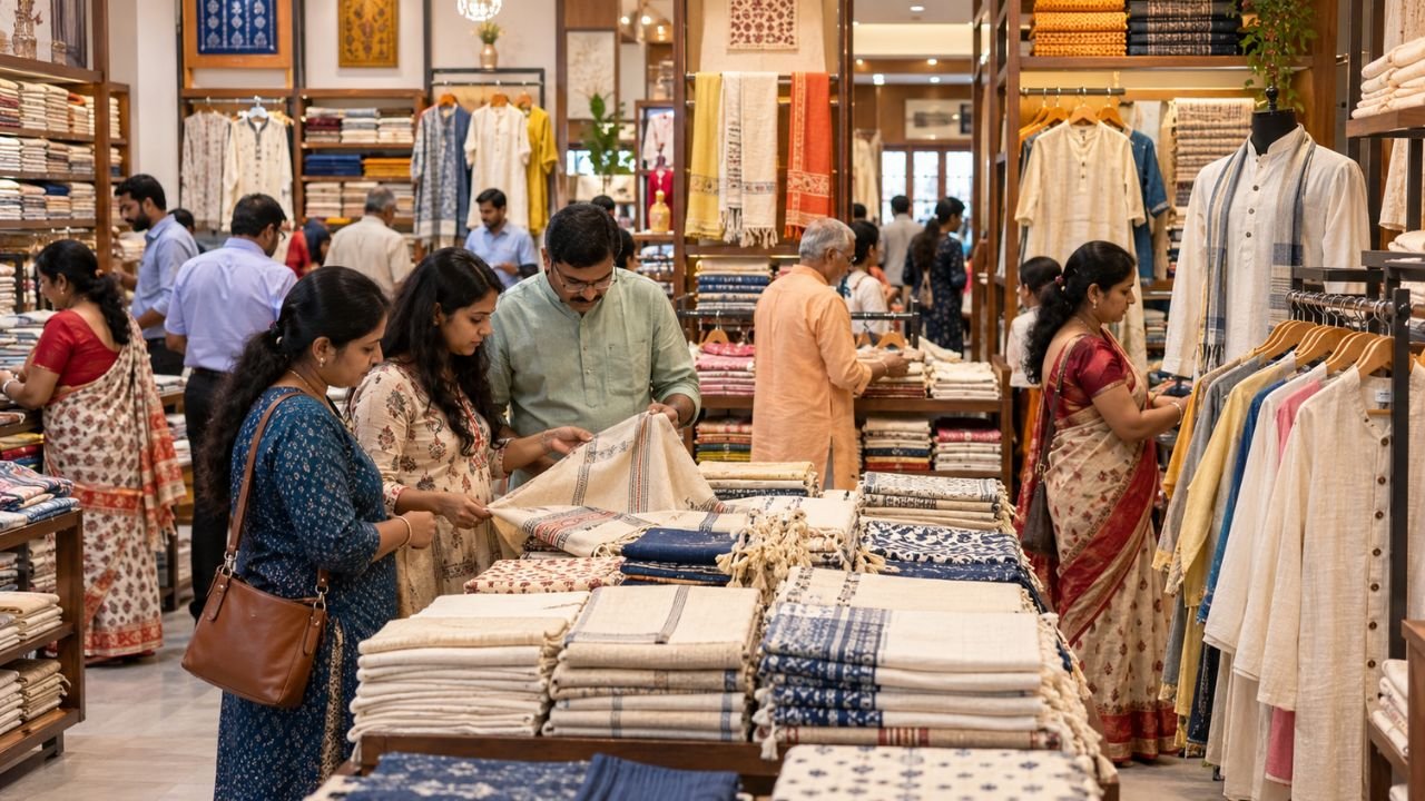 People shopping for Khadi and Polyvastra textiles in a vibrant store