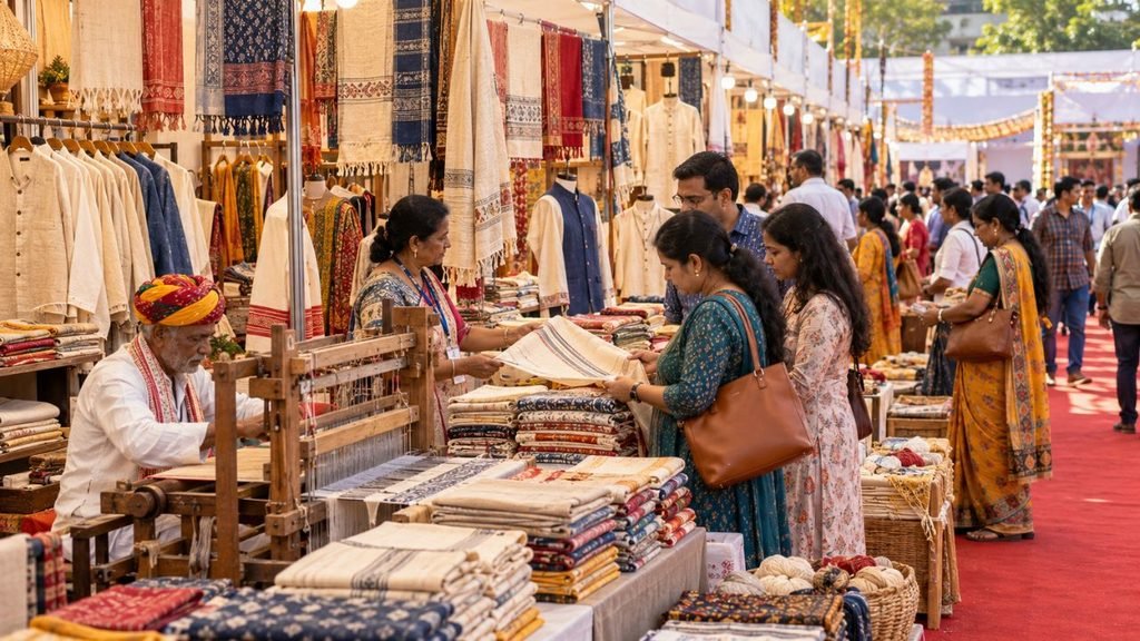 People browsing Khadi and Polyvastra textiles at a vibrant market stall