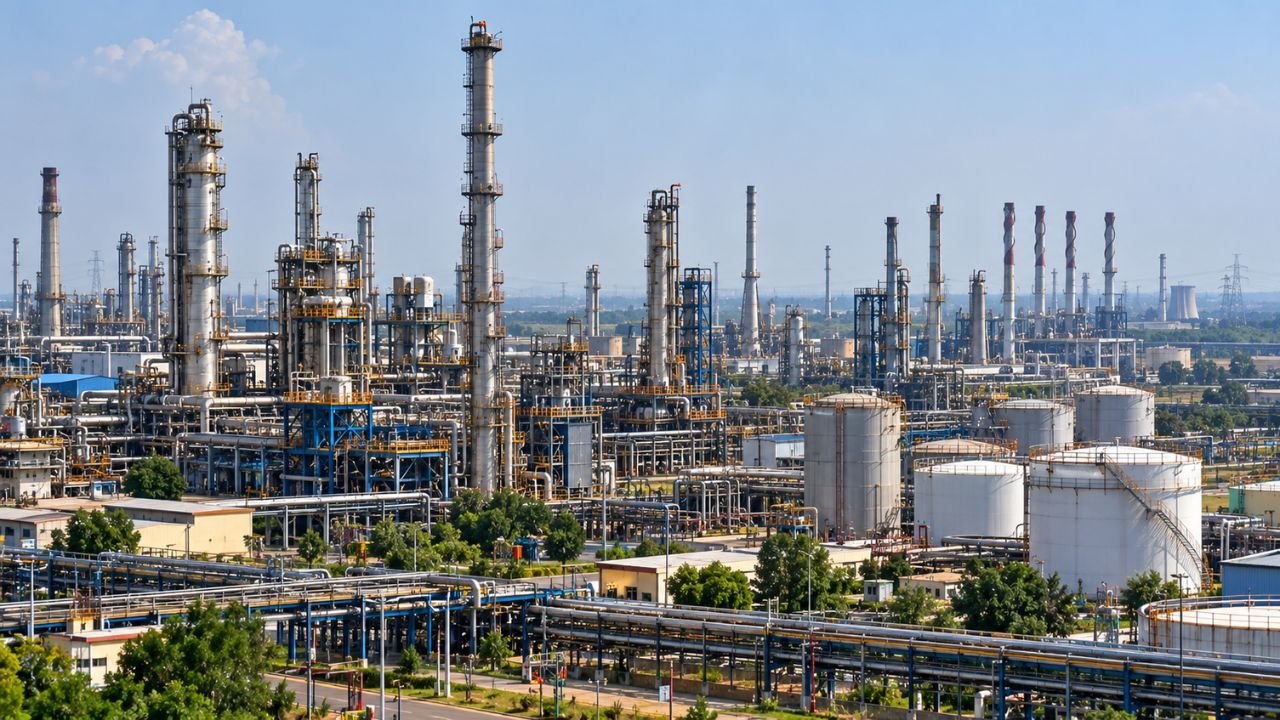 Gujarat Refinery complex at Koyali, India, with distillation towers and storage tanks.