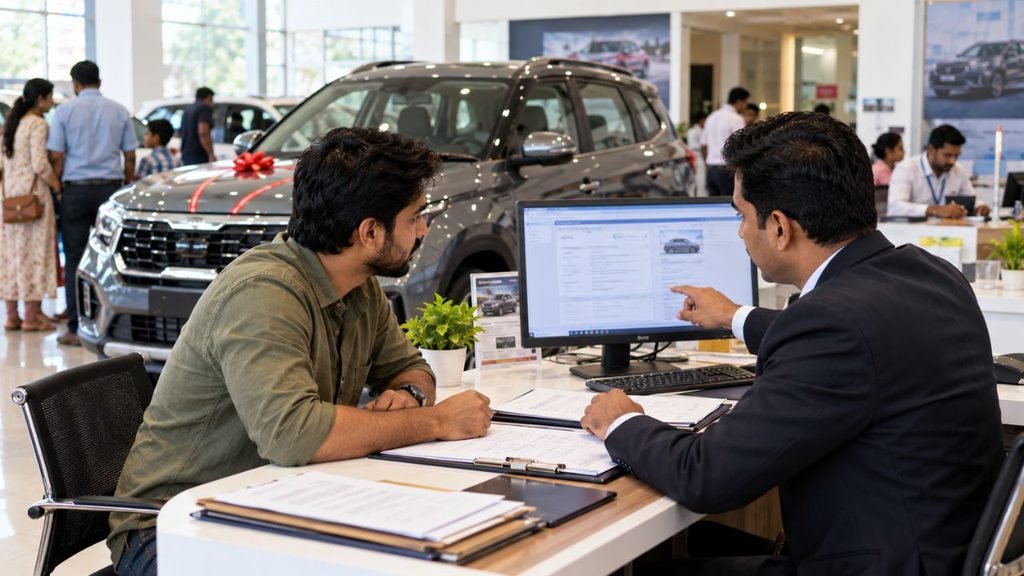 Gujarat vehicle scrappage scheme: Man discusses car purchase with dealer