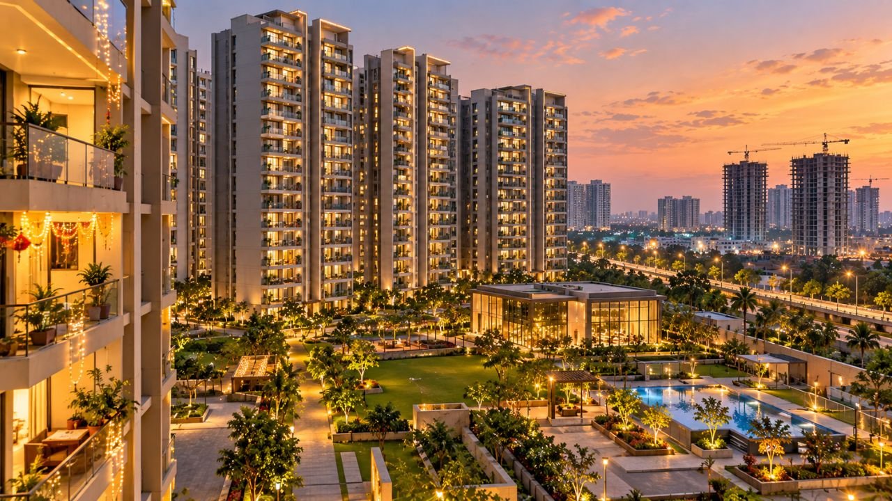 Modern apartment buildings in Gujarat with festive lights and a pool