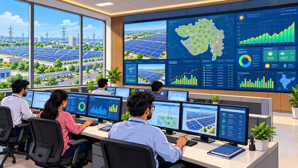 Gujarat rooftop solar expansion control room with data dashboards and solar farms