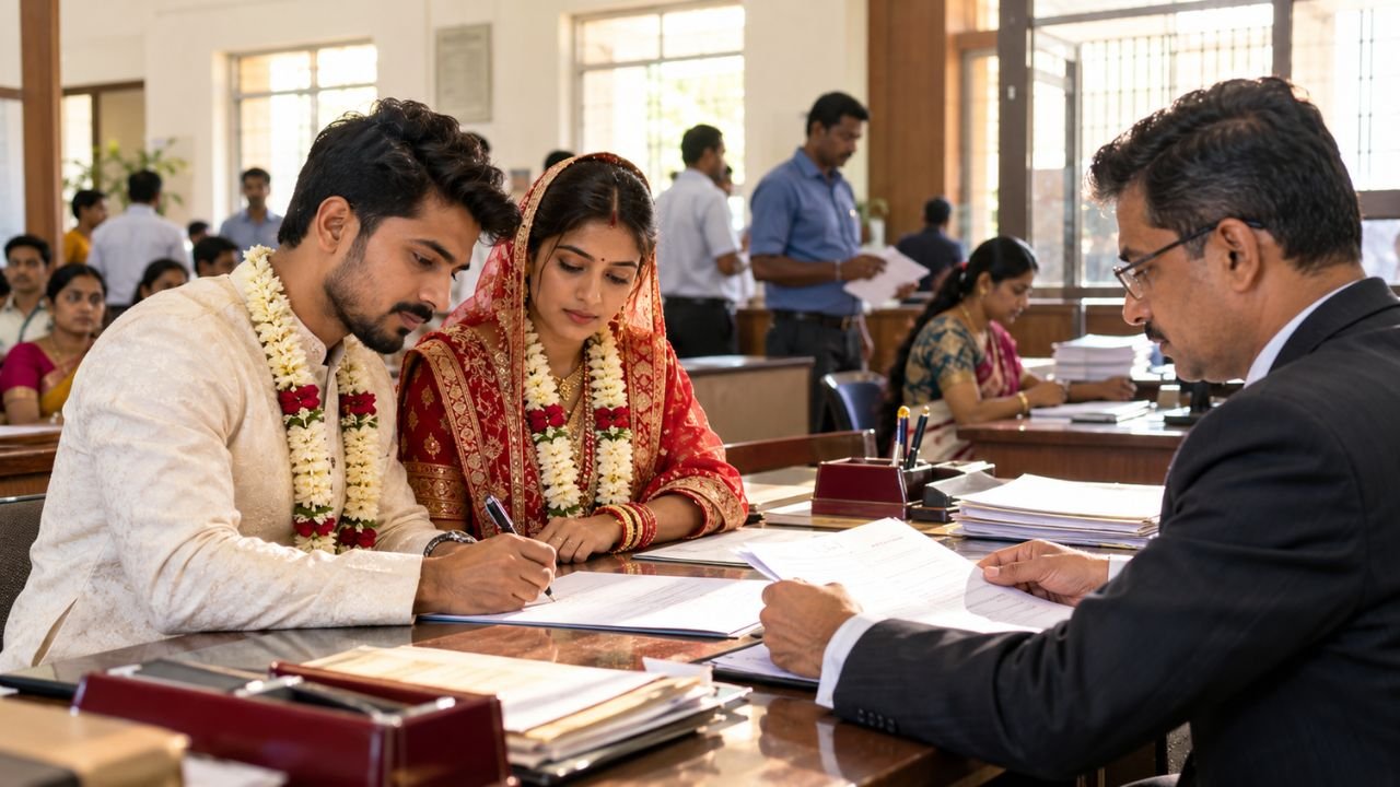 Couple signing marriage documents at Gujarat UCC 2026 registration office