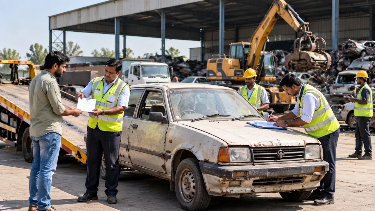 Men inspect old car at Gujarat vehicle scrappage site, discussing paperwork.