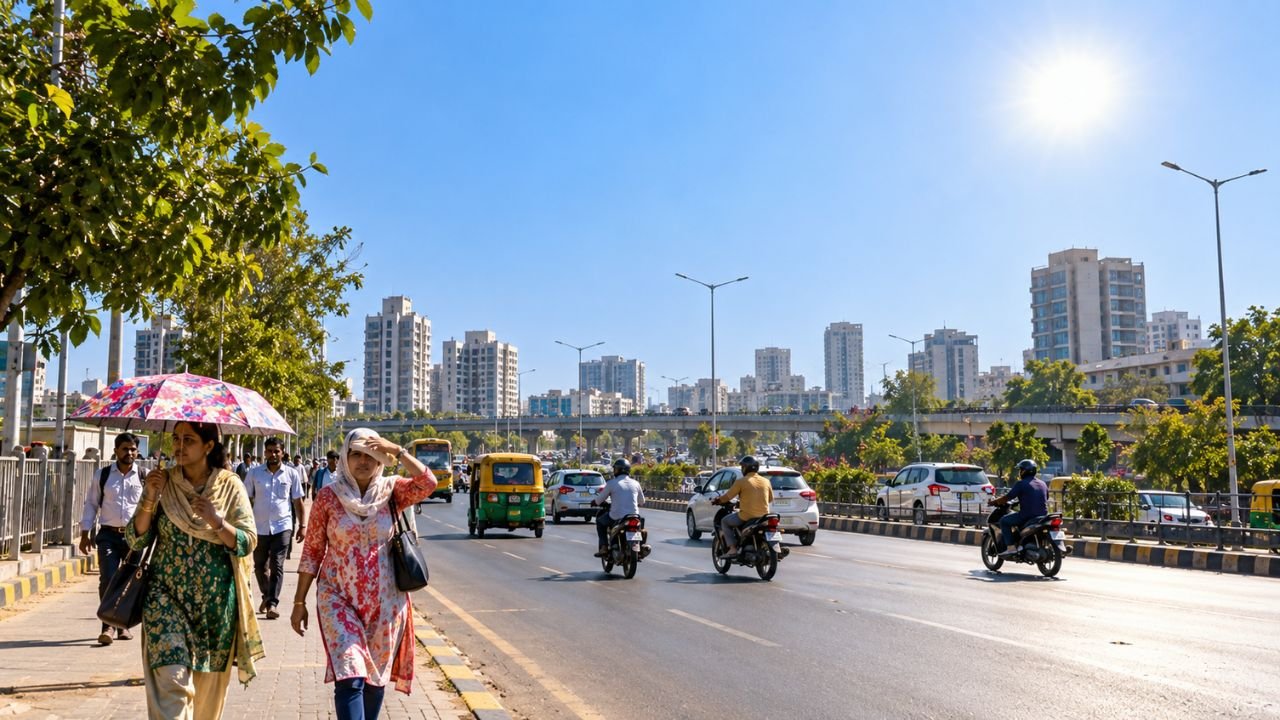 Sunny day in Gujarat with clear skies and city traffic