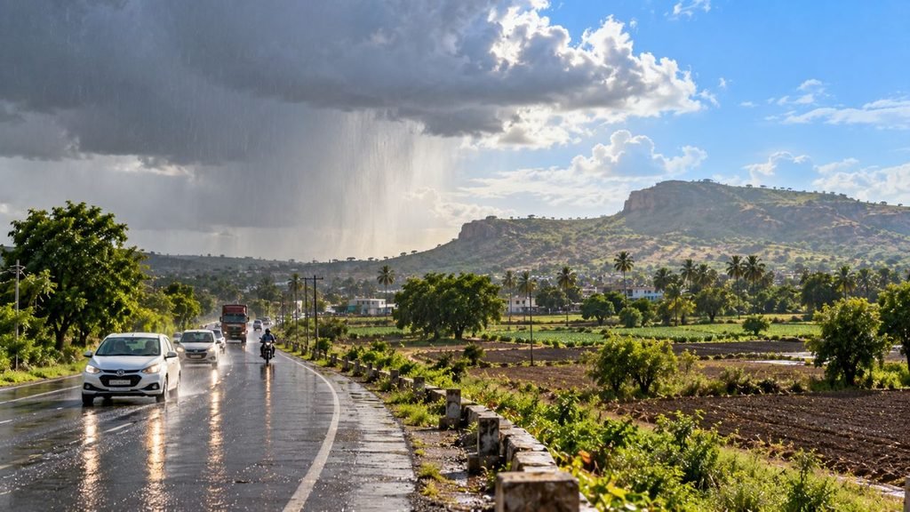 Rainy road in Gujarat with distant dry hills, October 2026 forecast