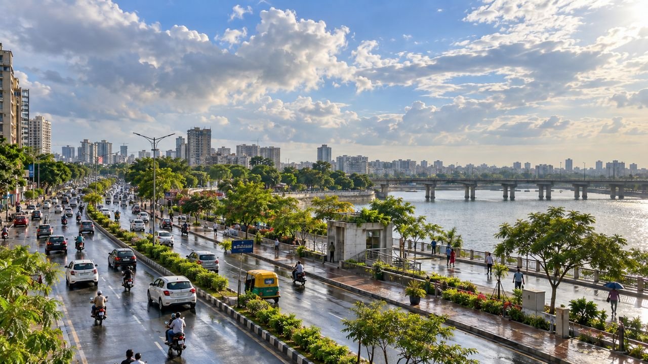 Busy Gujarat city street with traffic and Sabarmati River