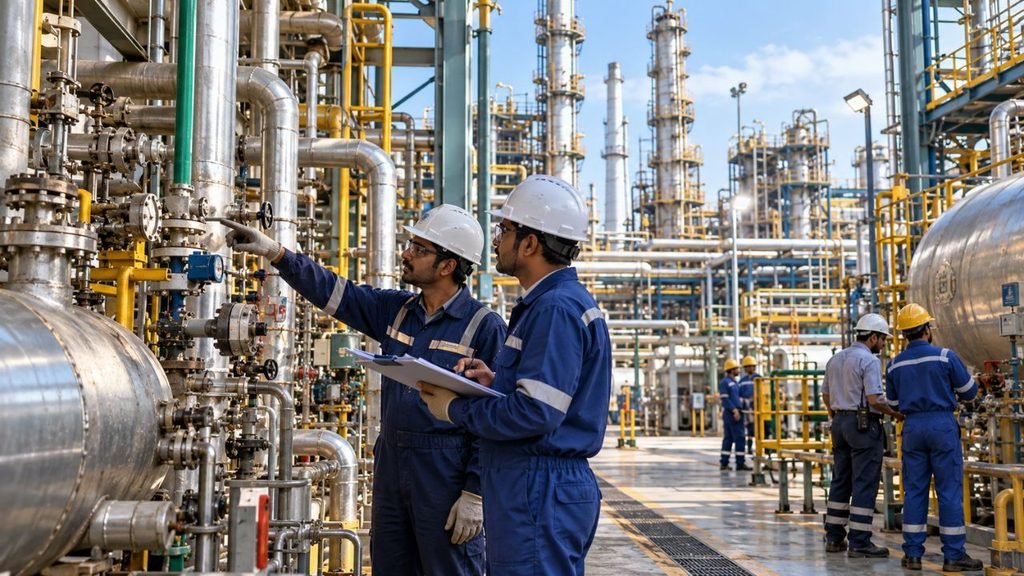 Engineers inspect complex machinery at Gujarat Refinery, IOCL Koyali project.