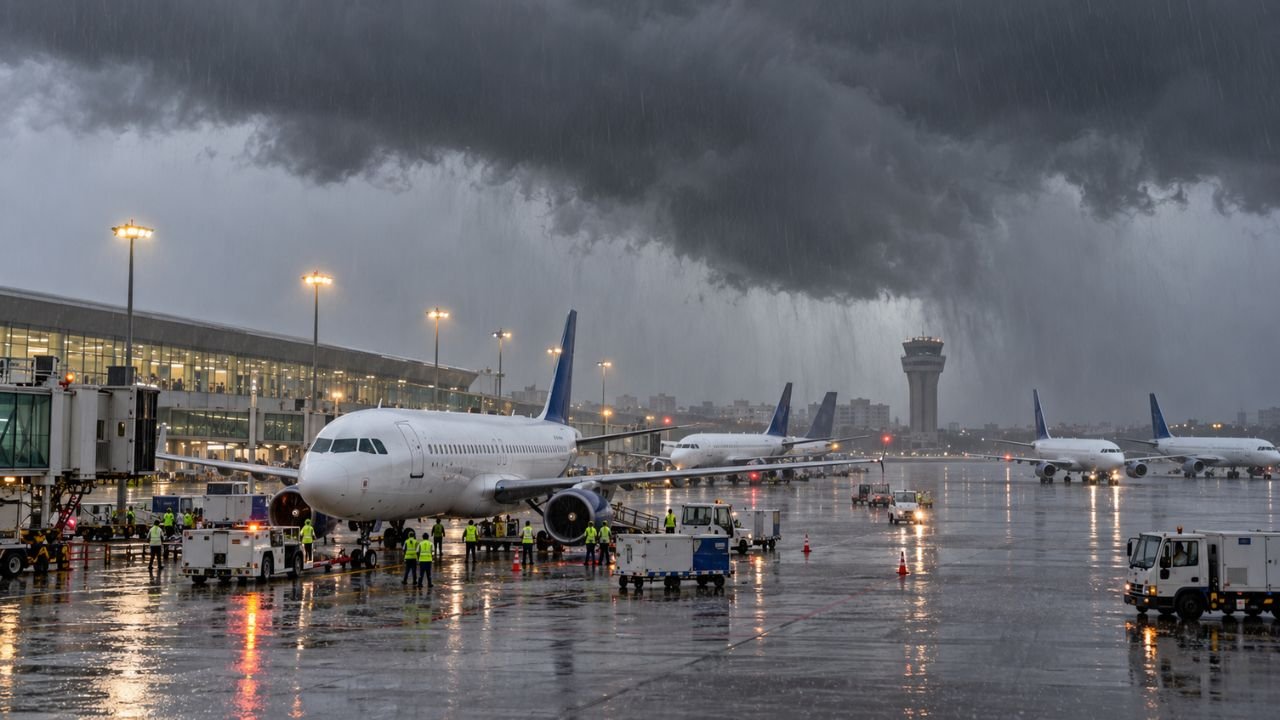 Airplanes on a rainy tarmac at Surat Airport during severe weather