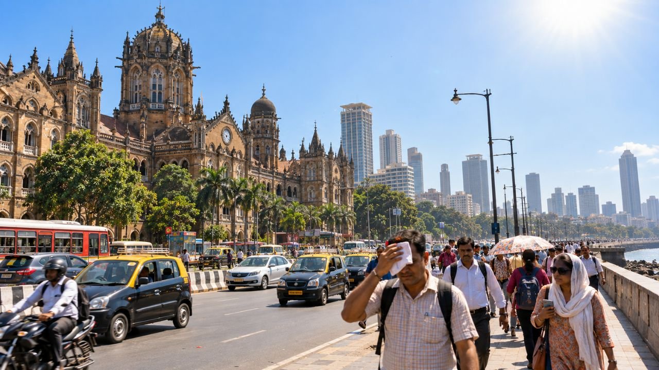 Mumbai street scene with Chhatrapati Shivaji Maharaj Terminus and people walking in heat