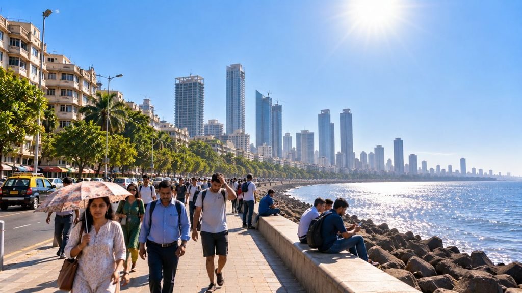 Mumbai skyline and promenade on a sunny day, people walking by the sea