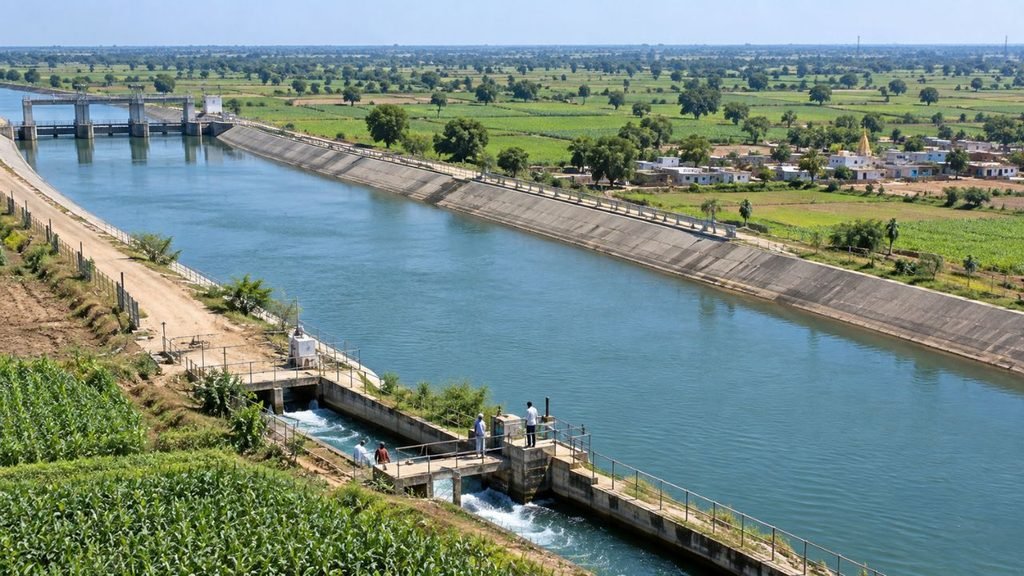 Sardar Sarovar Dam canal system with water flowing through lush green fields.