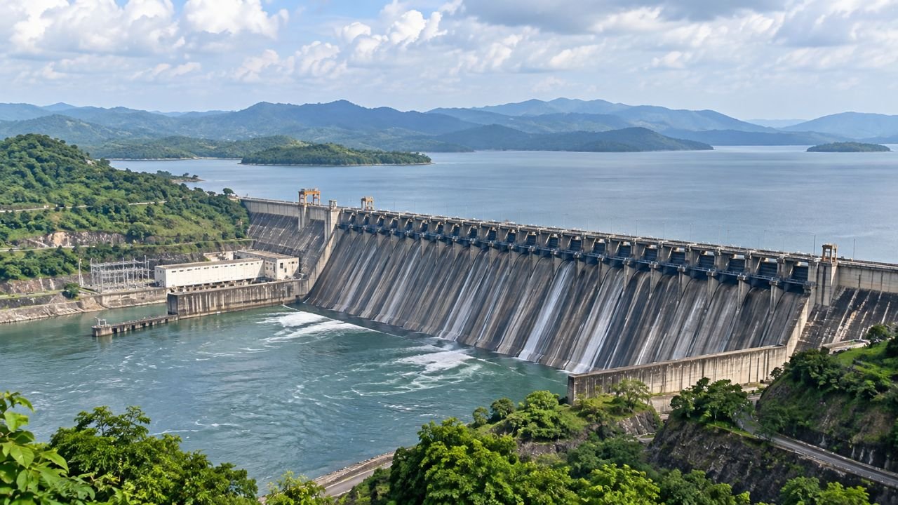 Sardar Sarovar Dam full reservoir level, water flowing over spillway