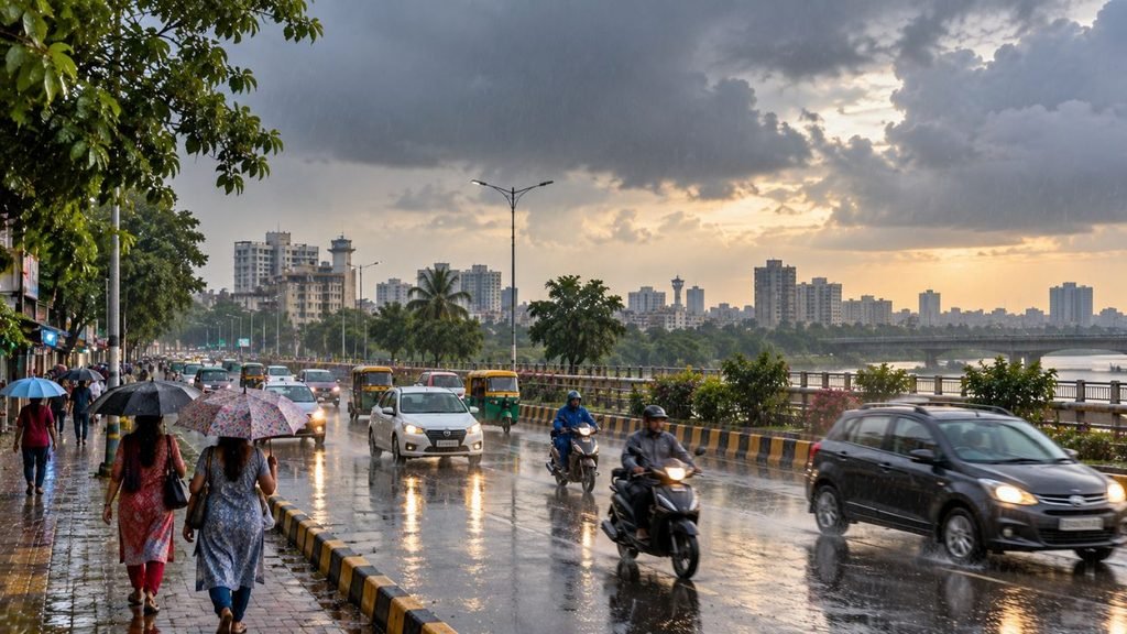 Rainy street scene in Gujarat with monsoon withdrawal, cars, and pedestrians.