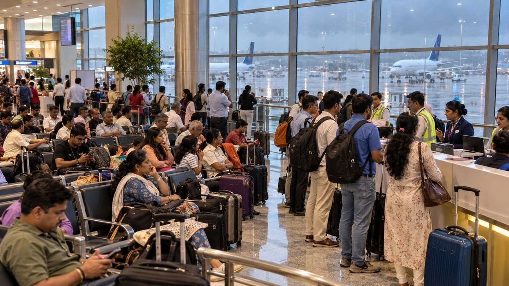Airport terminal with passengers waiting, airplanes visible outside