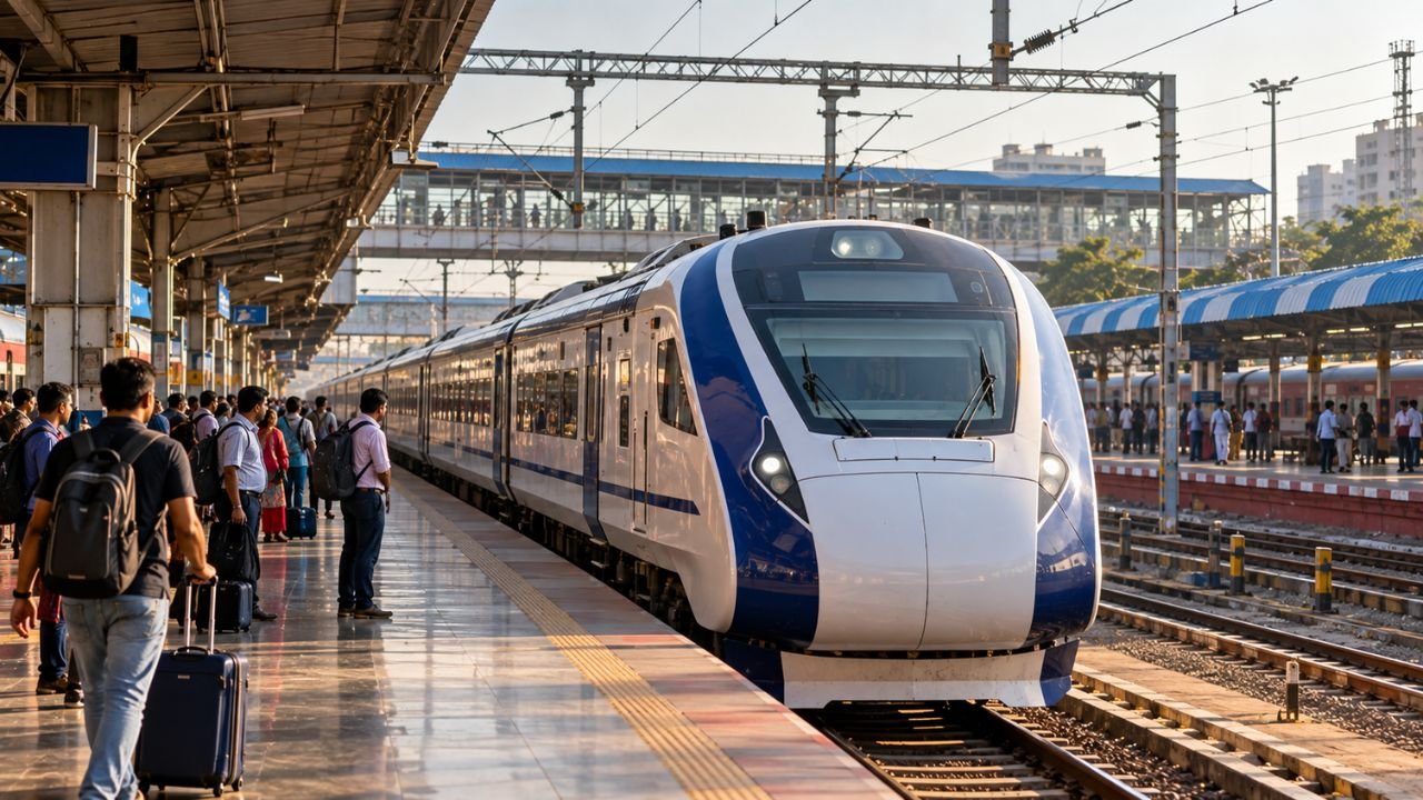 Surat Udaipur Vande Bharat Express train at a station platform with passengers
