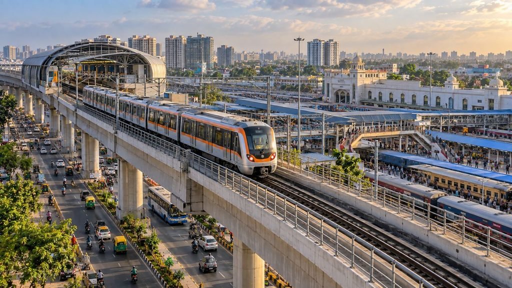 Surat Metro train on elevated tracks, with city skyline and busy roads below.