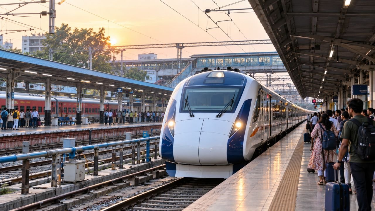 Blue and white Vande Bharat Express train at a station platform during sunset.