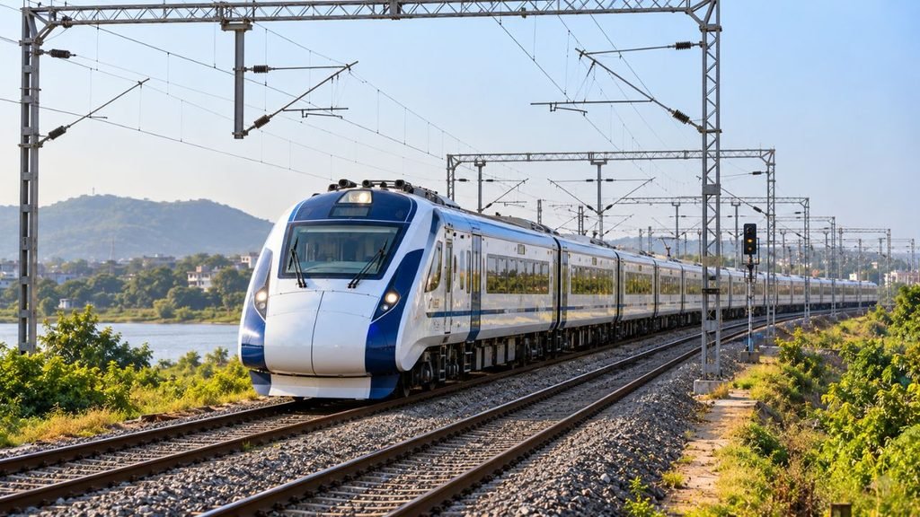 Surat–Udaipur Vande Bharat Express train speeding on tracks with landscape.